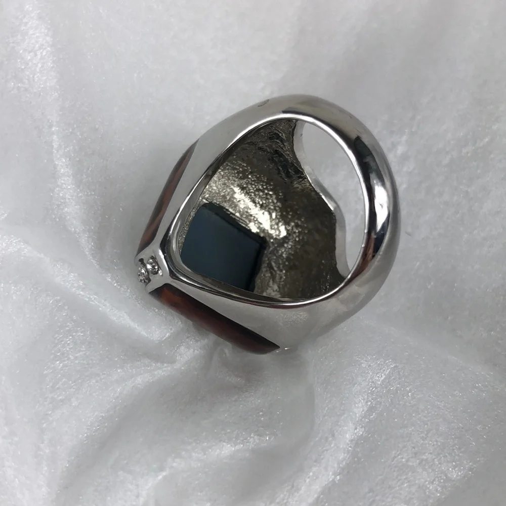 Smoky Quartz Ring Men's Size 8 Square Simulated Stones Faceted Silver Tone Band